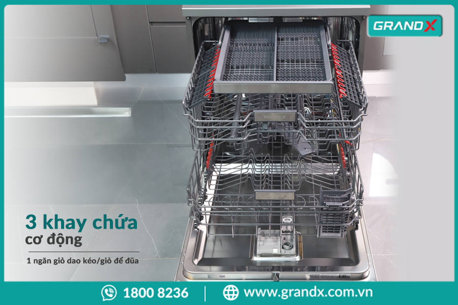 Máy rửa bát GrandX với thiết kế 3 khay chứa cơ động và giỏ dao kéo tiện lợi


