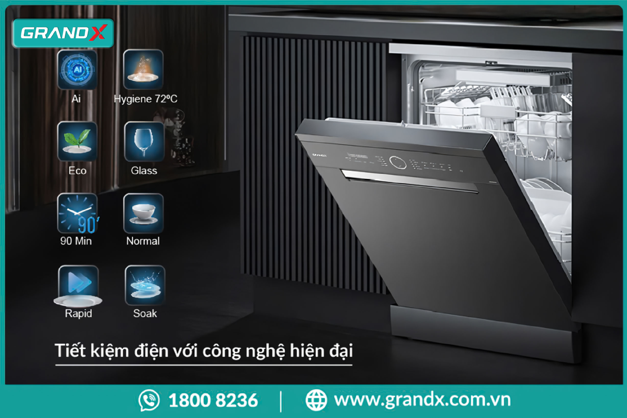 Máy rửa bát GrandX tiết kiệm điện