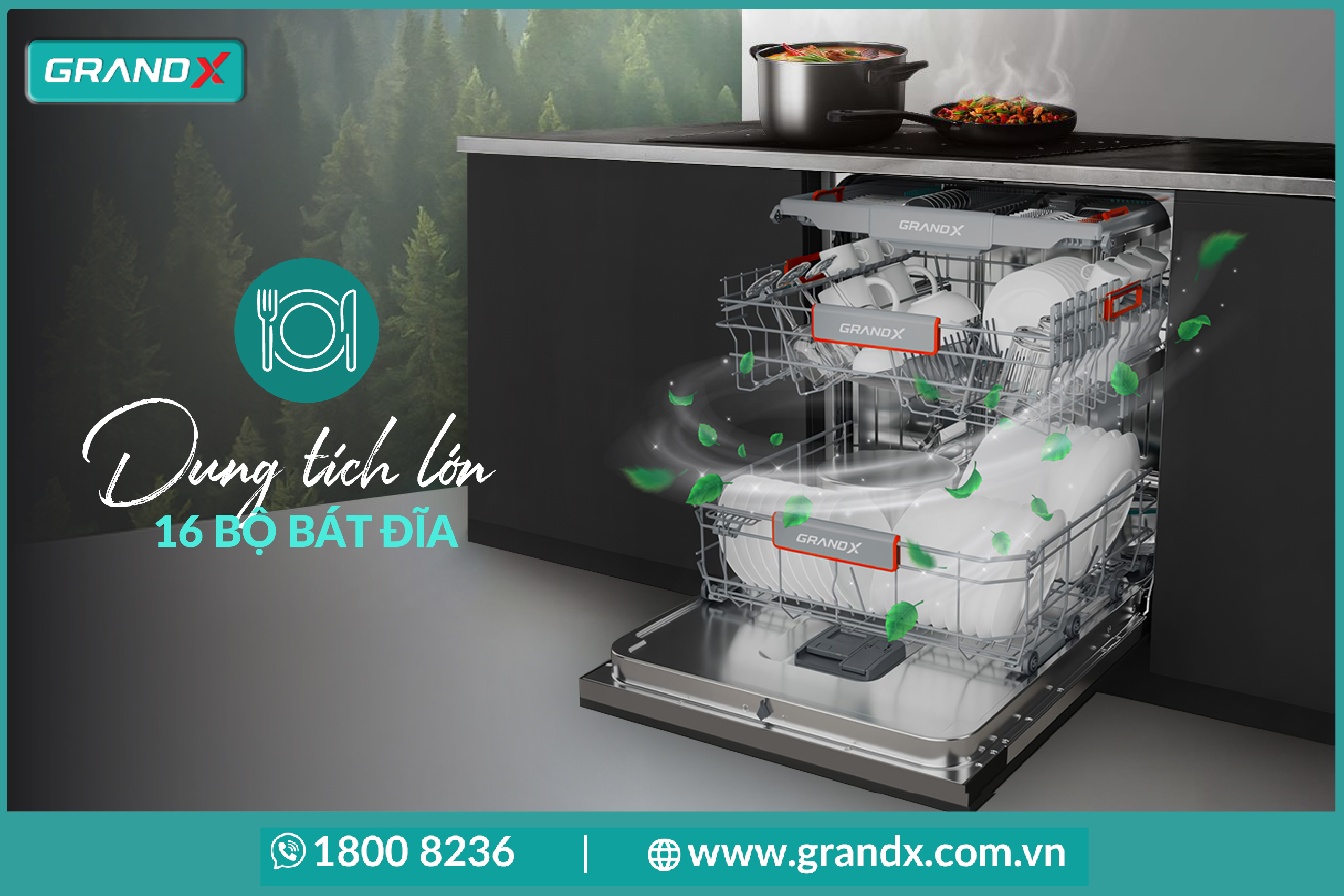 Máy rửa bát GrandX chứa tới 16 bộ bát đĩa chuẩn Âu, rửa gọn 3 mâm cơm người Việt