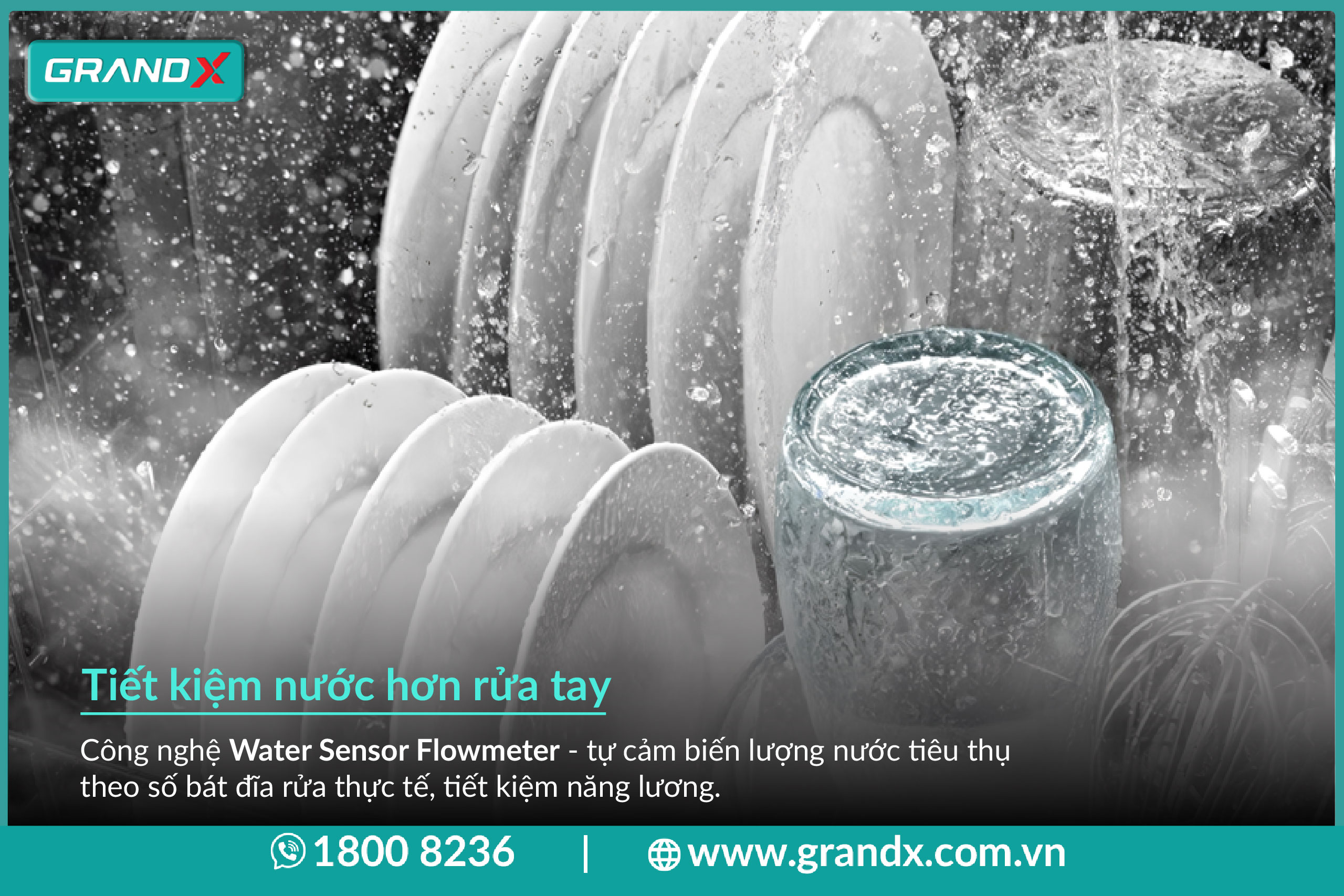 Máy rửa bát GrandX được trang bị công nghệ Water Sensor Flowmeter - tự động điều chỉnh lượng nước theo lượng bát đĩa
