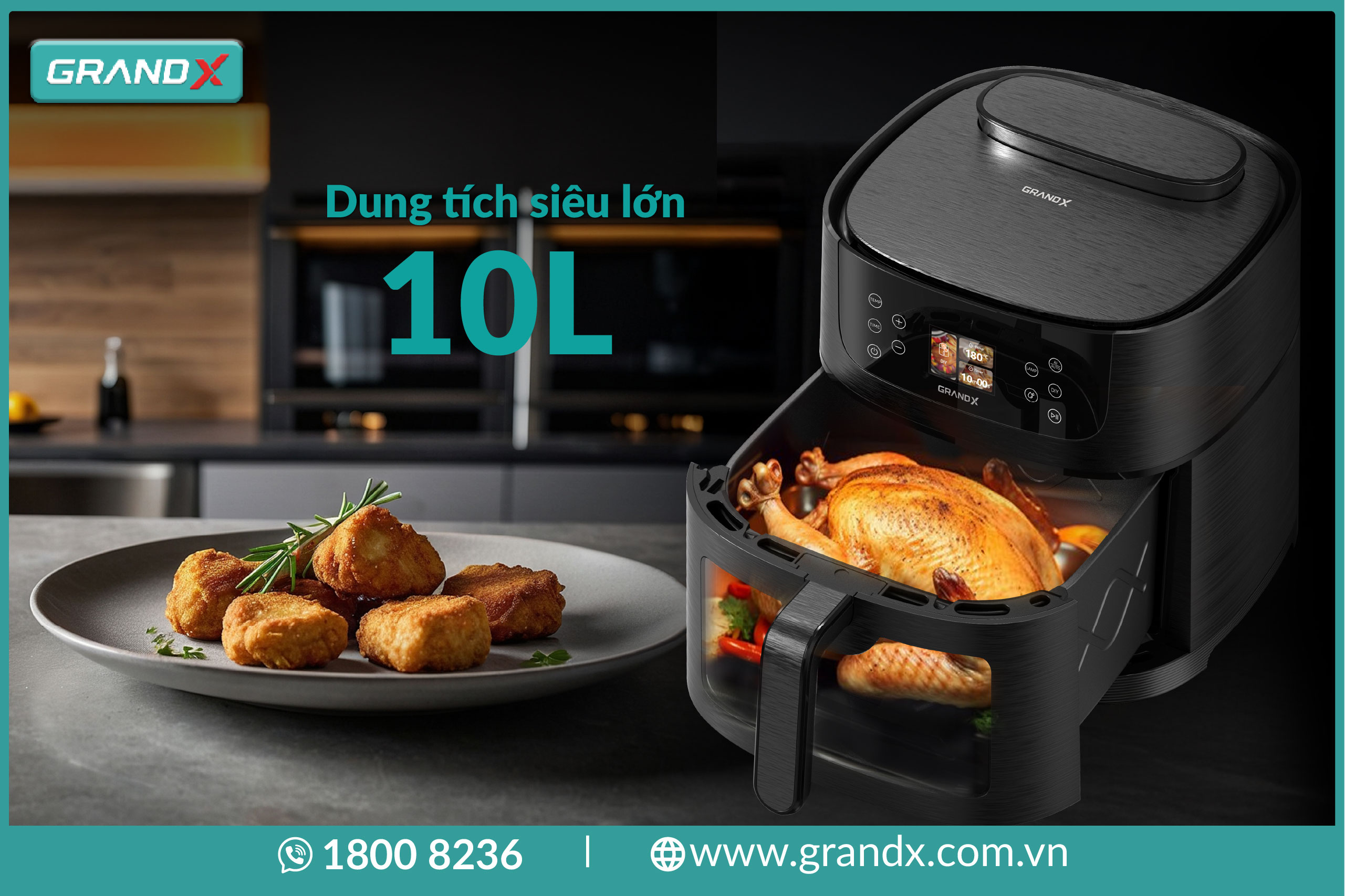 Với dung tích lên đến 10L, nồi chiên không dầu GrandX có thể nướng nguyên con gà