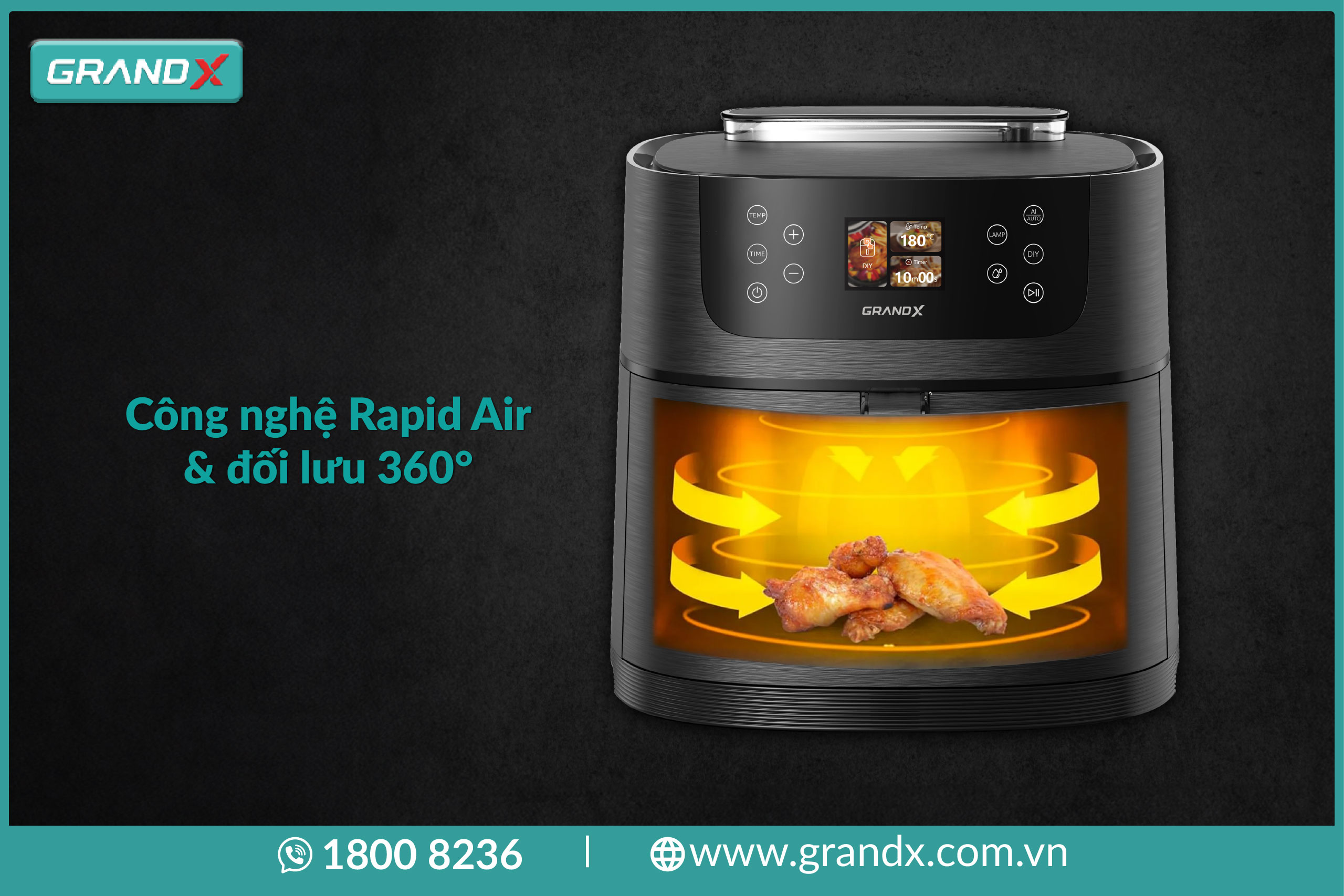 Với công nghệ Rapid Air và quạt đối lưu 360°, nồi chiên không dầu GrandX luôn giúp thực phẩm chín đều